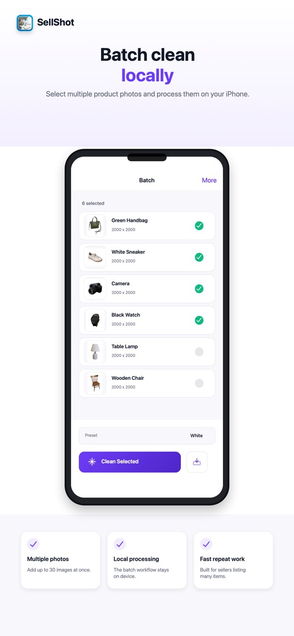 SellShot batch screen with multiple product photos prepared for cleanup