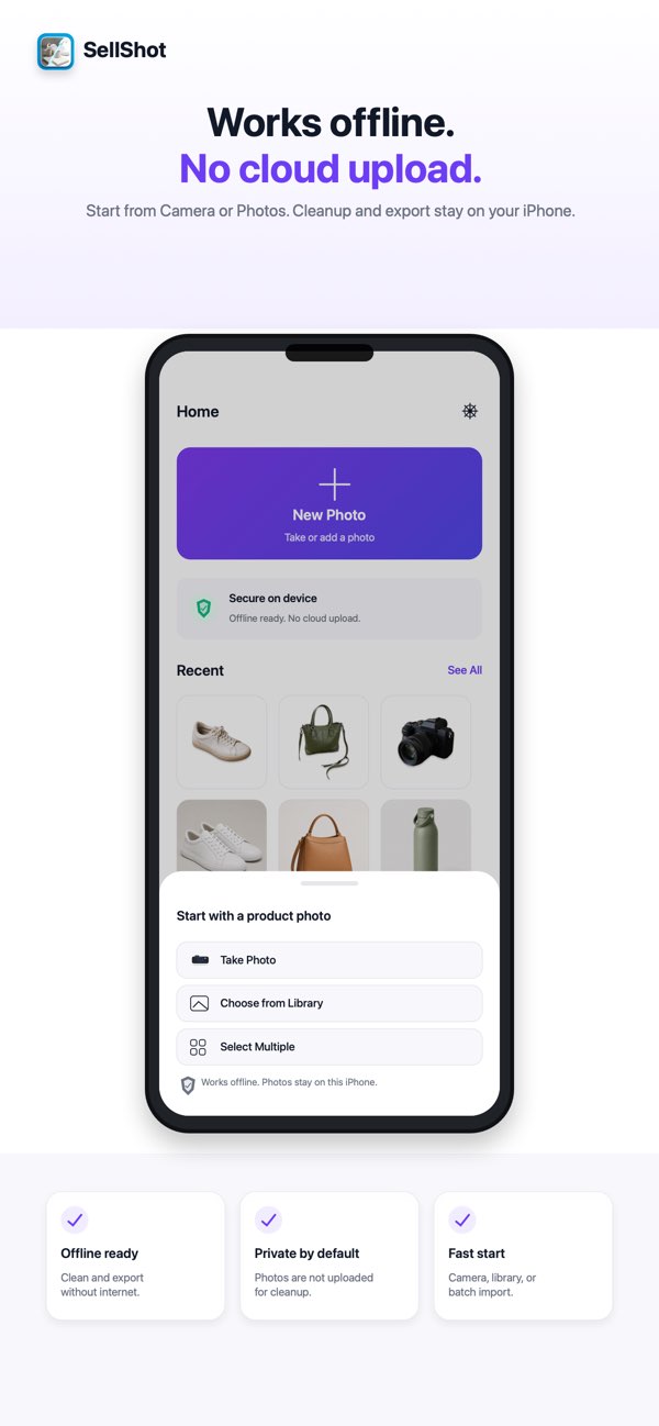 SellShot start screen with camera, photo library, and multiple-photo choices